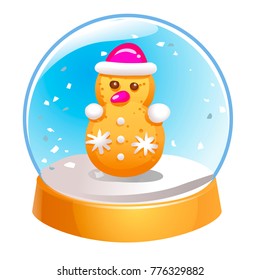 Snow globe with snowman inside isolated on white background. Christmas magic ball. Snowglobe vector illustration. Winter in glass ball, crystal dome icon.
