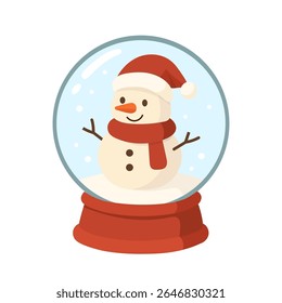 A snow globe with a snowman inside, wearing a Santa hat and red scarf. This snow globe is a charming and magical holiday decoration.