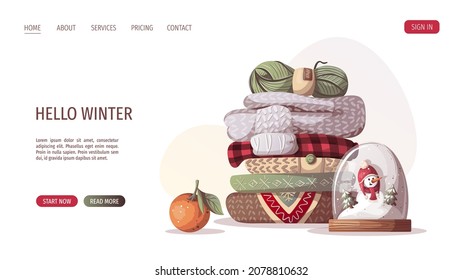 Snow globe with snowman and knitted clothes. Merry Christmas, cozy winter, New Year, home comfort, holidays concept. Vector illustration for poster, banner, website, cover.
