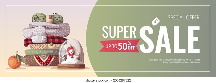 Balón de nieve con muñeco de nieve y ropa de punto. Feliz Navidad, invierno acogedor, Año Nuevo, comodidad en casa, concepto de vacaciones. Ilustración vectorial para afiches, banner, venta, publicidad.