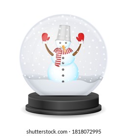 Globo de nieve con muñeco de nieve sobre fondo blanco. Ilustración vectorial.