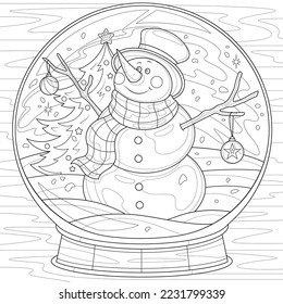 Snow globe with a snowman.Christmas.Coloring book antistress for children and adults. Illustration isolated on white background.Zen-tangle style. Hand draw