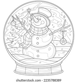 Snow globe with a snowman.Christmas.Coloring book antistress for children and adults. Illustration isolated on white background.Zen-tangle style. Hand draw
