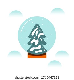 Globo de nieve con árbol de pino nevado Ilustración Abstractas de invierno de diseño plano minimalista sobre fondo blanco con nieve.