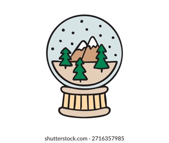 Snow globe with snowy trees and mountains inside clipart, festive winter scene, single element, hand drawn. Vector illustration.