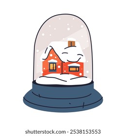 Snow globe souvenir. Vector isolated icon or sticker. Glass ball toy with snow and little house inside. Home under the dome a winter holiday decor or gift. Magical New Year or Christmas present.