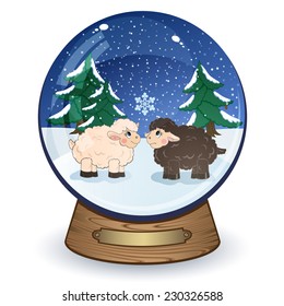 Snow globe with symbol of the new year, small sheep, isolated on white background. Vector Illustration 
