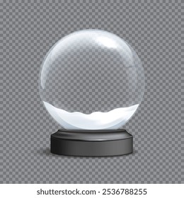 Ilustración vectorial de Plantilla de globo de nieve. Bola de nieve de cristal vacía realista con la nieve en la base gris con el espacio vacío para la inscripción. Navidades y elemento de diseño de año Nuevo sobre fondo transparente.