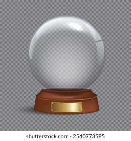 Ilustración vectorial de Plantilla de globo de nieve. Bola de nieve de cristal vacía realista en la base de madera con el espacio vacío para el lettering. Navidades y elemento de diseño de año Nuevo sobre fondo transparente.
