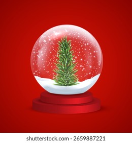 Ilustración vectorial de Plantilla de globo de nieve. Bola de nieve de cristal con nieve, copos de nieve y árbol de Navidad en la base roja. Elemento de diseño de Navidad y Año Nuevo sobre fondo rojo.