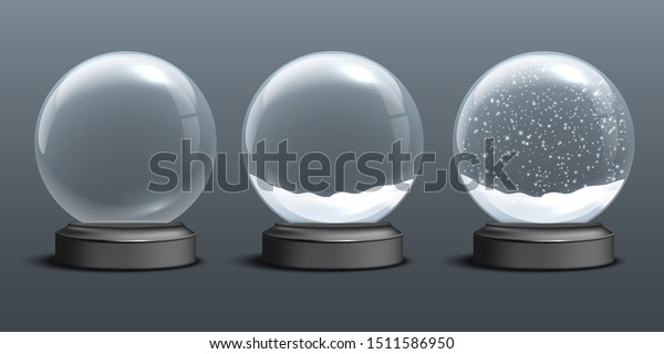 Snow globe templates. Empty glass snow globe and\
snow globes with snow on dark background. Vector Christmas and New\
Year design elements