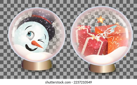 Snow globe templates. glass snow globe with snowman and snow globes with presents on transparent background. Vector Christmas and New Year design elements