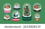 Snow globe with tiny festive scenes inside crystal balls. Transparent snowglobes, glass bubbles. Fairy magic snowballs with Christmas tree, house, winter holiday. Flat graphic vector illustrations