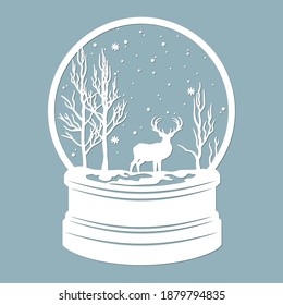 Snow globe, snow and trees inside with deer. Laser cut. Vector illustration. Pattern for the laser cut, plotter and screen printing.