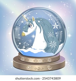 Globo de nieve con cabeza de unicornios sobre fondo holográfico. Ilustración vectorial