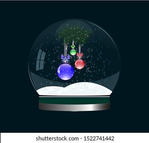 Snow globe vector illustration with christmas balls under the snow. Merry Christmas, New Year's gift in the apartment.