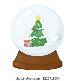 Snow Globe vector illustration crystal 3d sphere. Transparent glass ball. New Year gift Christmas ball with snow and a Christmas tree.
