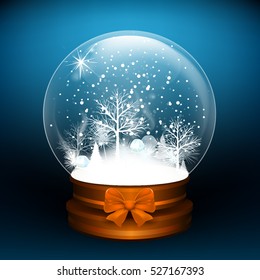 Nieve globo. Ilustración vectorial. Esfera Crystal 3d. Balón de vidrio transparente. Regalo de Año Nuevo. Año Nuevo fondo de vacaciones con bola de vidrio y nieve. Copos de nieve. Decoración De Vacaciones De Invierno.