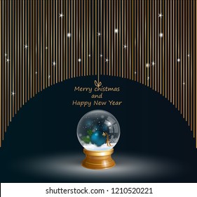 Snow Globe vector illustration on a festive black background. Empty snowglobe. Crystal 3d Sphere. Transparent glass ball. New Year gift card, invitation, banner