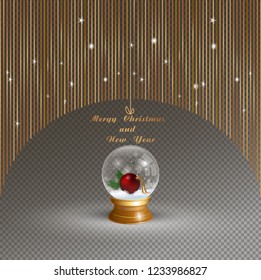 Snow Globe vector illustration on a festive black background, with Christmas decoration inside. Crystal 3d Sphere. Transparent glass ball. New Year gift card, invitation, banner