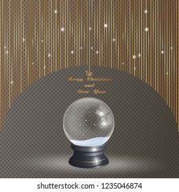 Snow Globe vector illustration on a festive black background, with Crystal 3d Sphere. Transparent glass ball. New Year gift card, invitation, banner