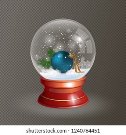 Snow Globe vector illustration on a festive black background, with Christmas decoration inside . Crystal 3d Sphere red support. Transparent glass ball. New Year gift card, invitation, banner

