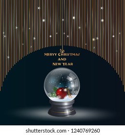 Snow Globe vector illustration on a festive black background, with Christmas red decoration inside. Crystal 3d Sphere. Transparent glass ball. New Year gift card, invitation, banner