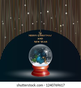 Snow Globe vector illustration on a festive black background, with Christmas decoration inside . Crystal 3d Sphere red support. Transparent glass ball. New Year gift card, invitation, banner