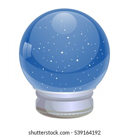 Snow Globe vector illustration, text  Merry Christmas, New year.  Empty snowglobe. Crystal 3d Sphere. Transparent glass ball. New Year gift.