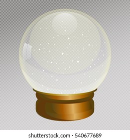Snow Globe vector illustration, text Merry Christmas, New year. Empty snowglobe. Crystal 3d Sphere. Transparent glass ball. New Year gift, light background