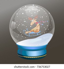 Snow Globe vector illustration, text Merry Christmas, New year.  Crystal 3d Sphere. Transparent glass ball. New Year gift, transparent background. In a sphere a festive deer on the sledge.