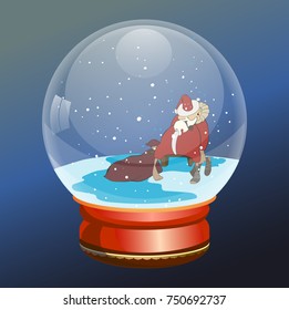 Snow Globe vector illustration, text Merry Christmas, New year.  Crystal 3d Sphere. Transparent glass ball. New Year gift. In the sphere festive Santa Claus.