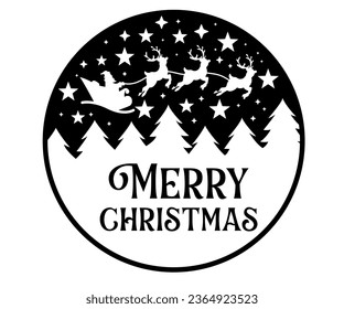 Snow globe vector. Paper cut template. Merry Christmas phrase. sled, tree, snow, deers