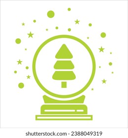Snow globe vector realistic illustration. Merry Christmas and Happy New Year glass snow globe with snow Christmas tree, shining stars and snowflakes. On a white background