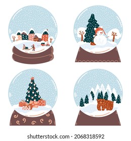 Nieve globo. Vector ambientado con bola de nieve navideña con paisaje invernal, bosque, casas, muñeco de nieve, oso, abeto. Presente para una acogedora época de invierno