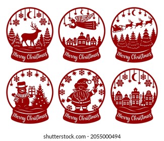 Juego de vectores de globo de nieve. Plantilla de corte de papel. Feliz frase navideña. Hombre de nieve, árbol, copo de nieve, ángel, ciervo, ciudad, Santa. Para decoraciones de postales, ventanas y paredes. Ilustraciones aisladas en blanco.