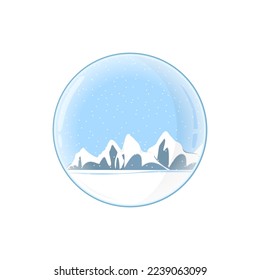 A snow globe with a view of snowy mountains and a river.