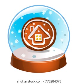 Snow globe with a winter house inside isolated on white background. Christmas magic ball. Snowglobe vector illustration. Winter in glass ball, crystal dome icon