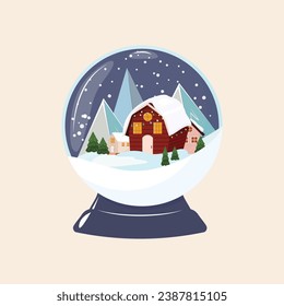 Snow globe with winter landscape and cute red cabin
