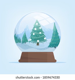 El globo de nieve con el paisaje de las montañas invernales y el árbol de abetos. Ilustración aislada del vector