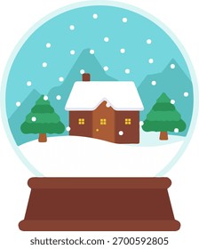 Snow globe winter scene house mountain trees flat vector illustration icon