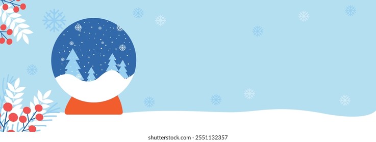 Snow globe with winter scenery, red berries, white leaves, and snowflakes on a light blue festive background, with copy space for text. Vector.