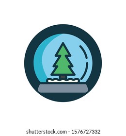 Snow globe with a xmas tree flat icon. Round colorful button, circular vector sign. New Year snow globe flat style design