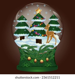snow globe,deer in the snow, decorated christmas tree in the snow,christmas tree branch,christmas balls, snow falls, star at the top of the tree, the star is burning on the tree, christmas glass globe