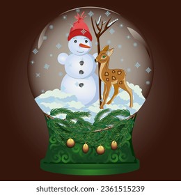 snow globe,deer in the snow, decorated christmas tree in the snow,christmas tree branch,christmas balls, snow falls,snowman with a broom, the star is burning on the tree, christmas glass globe