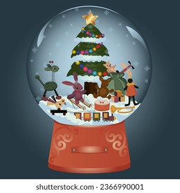 snow globe,deer in the snow, decorated christmas tree in the snow,christmas tree branch,  snow falls, star at the top of the tree, the star is burning on the tree, toys 