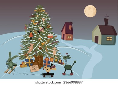 snow globe,deer in the snow, decorated christmas tree in the snow,christmas tree branch,  snow falls, star at the top of the tree, the star is burning on the tree, toys
