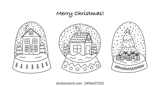 Snow globes Christmas greeting card in doodle style. Hand drawn greeting card with vector snow globes sketches