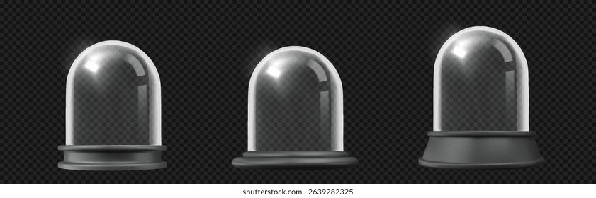 Snow globes empty realistic 3D. Winter crystal magic glass dome clean. Festive glass surface vector icons for Christmas and New Year projects.