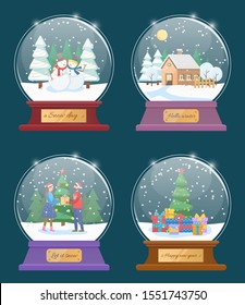 Snow globes, isolated set of toys with christmas themes. Couple exchanging gifts for new year. Pine tree with garlands and presents. Snowman figures and house with snowy roof flat style vector